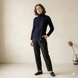 Vintage Emporio Armani Sweater Womens 4 Navy Blue Ribbed Asymmetrical Zip Tassel